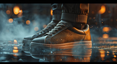 Winter sports shoes. Closeup of male legs in winter sports shoesの素材