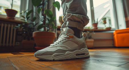 Close up of man's feet in sneakers standing on wooden floor at homeの素材