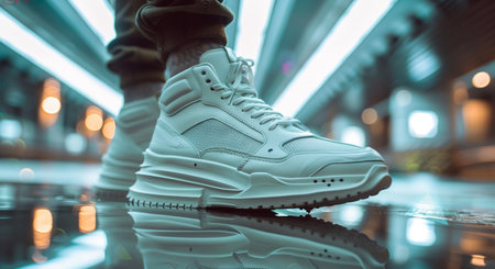White sneakers in the shopping mall. Shallow depth of field.の素材