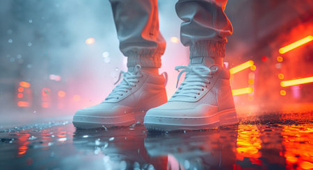 Fashionable male legs in jeans and sneakers on a background of neon lights.の素材
