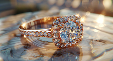 Wedding ring with diamonds on a background of the sun.の素材