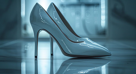 High heel women shoe in fashion store. 3d illustration. Shallow depth of field.の素材