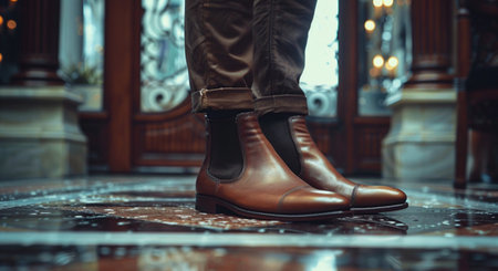 Man's legs in brown leather shoes. Close-up photo.の素材