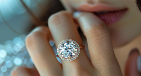 Diamond ring on the finger of a young woman. Close-upの素材