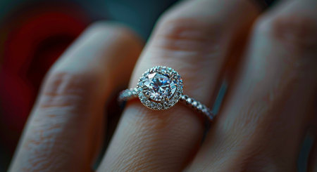 Jewelry diamond ring in the hands of a girl close-upの素材