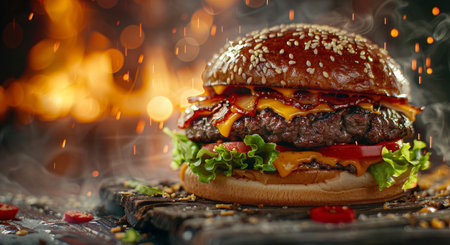 Delicious cheeseburger on a wooden board with bokeh backgroundの素材