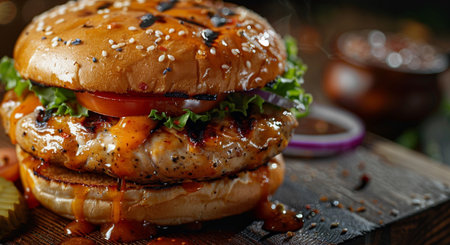 Delicious hamburger with grilled chicken fillet and vegetables on wooden tableの素材
