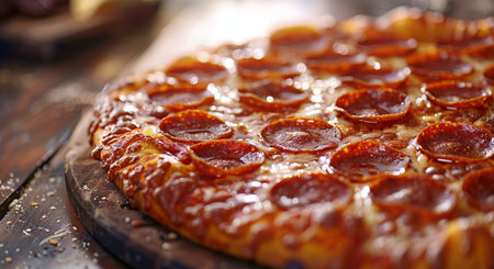 Pepperoni pizza on wooden board, close-up, selective focusの素材