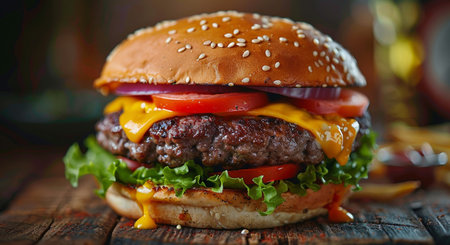 Cheese burger - American cheese burger with fresh salad, tomato and onionの素材