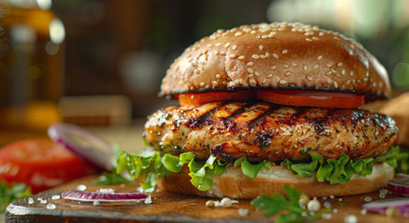 Homemade hamburger with grilled chicken and fresh vegetables on wooden boardの素材