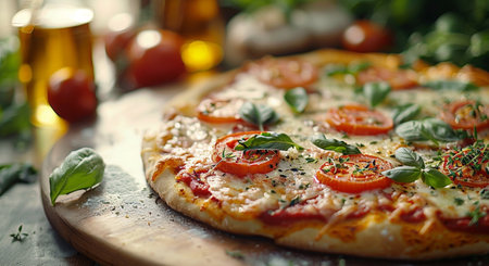 Pizza with mozzarella cheese, tomatoes and basil on wooden tableの素材