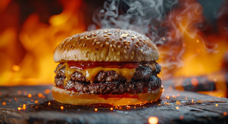 Close-up of tasty cheeseburger on wooden board with fire flamesの素材
