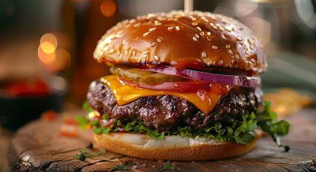 Delicious hamburger with beef patty, cheese and fresh vegetablesの素材