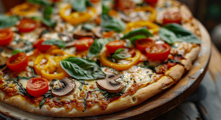 Pizza with mozzarella cheese, tomatoes, mushrooms and basilの素材
