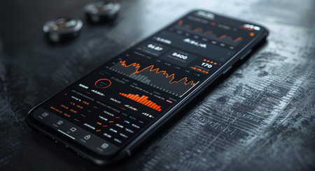 Smartphone with stock market data on the screen. Financial analysis concept.の素材