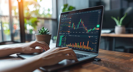Stock market or forex trading graph and candlestick chart suitable for financial investment concept. Economy trends background for business idea and all art work design. Abstract finance background.の素材