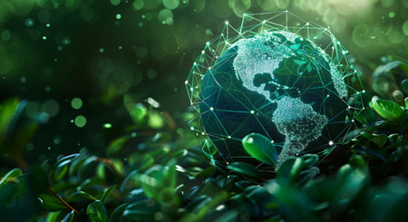 Earth planet on green grass with bokeh background. 3d renderingの素材