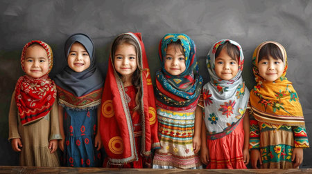 Portrait of a group of happy muslim children wearing traditional clothesの素材