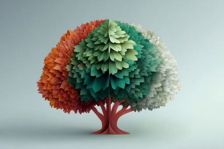 A tack-sharp, high-resolution conceptual illustration of a stylized papercraft tree divided into quarters, representing the full cycle of four seasons with vibrant layered foliage.の素材