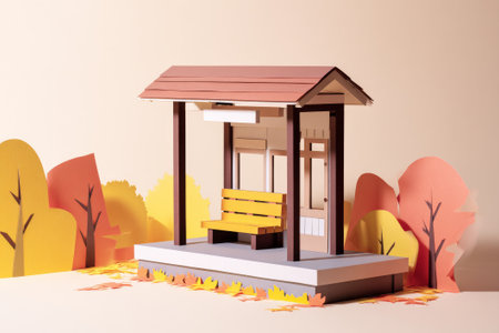 A charming papercraft illustration of a tiny countryside bus stop, train station or shelter surrounded by vibrant autumn trees and fallen leaves in warm fall colors. This quaint scene evokes themes of travel, waiting, community, and the beauty of the autumn season, rendered with distinct paper layers.の素材