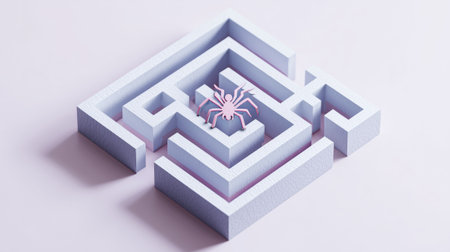 Minimalist paper maze with a geometric spider, symbolizing cybersecurity challenges, digital risks, or complex problem-solving.の素材