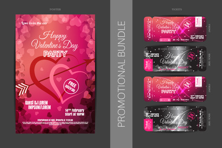 Vector Happy Valentine's Day night party promotional bundle of gradient red and pink poster and tickets with hearts on the dark gray background.のイラスト素材