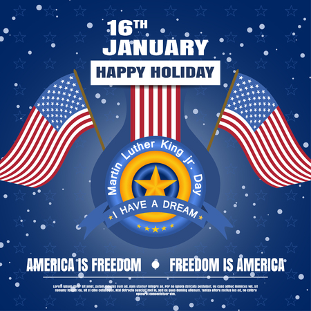 Holiday vector background of Martin Luther King Day with snowfall, label, waving flags and text.のイラスト素材