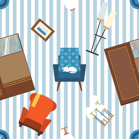 Seamless vector pattern of furniture and elements of 70's.のイラスト素材