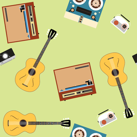 Seamless vector pattern with guitars and players on the light green backgroundのイラスト素材