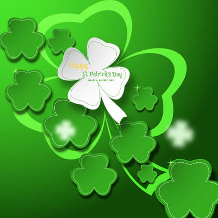 Vector abstract gradient green background for Happy St. Patrick's Day with leaves of clover shapes and glowing silhouette.のイラスト素材