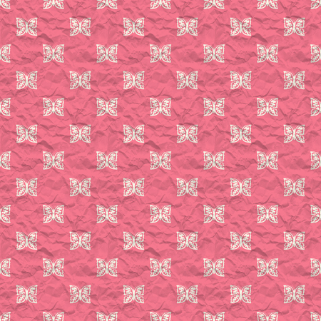 Seamless pattern with butterflies on a pink crumpled paperの写真素材