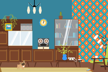 The interior in the style of the 70's with a floor lamp, wall furniture and armchairのイラスト素材