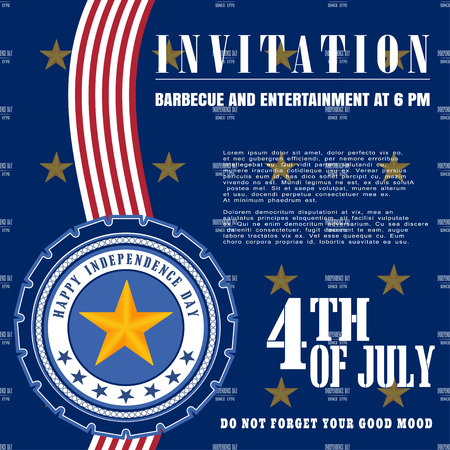 Independence Day 4th of july invitation - vector picture on a blue background. Vector illustration of Independence Day with badge, flags, stripe and star on a blue background.のイラスト素材