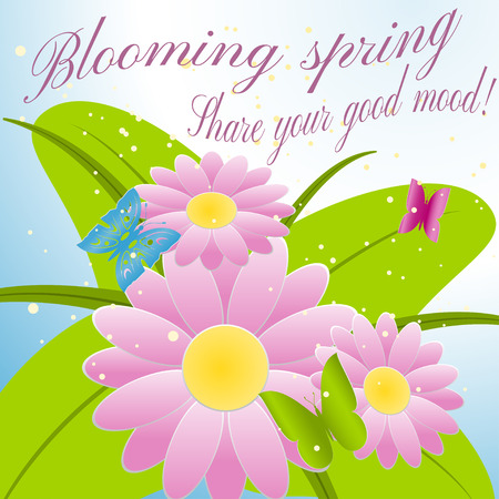 Blooming spring. Share your good mood! Vector illustration of flowers and butterflies.のイラスト素材