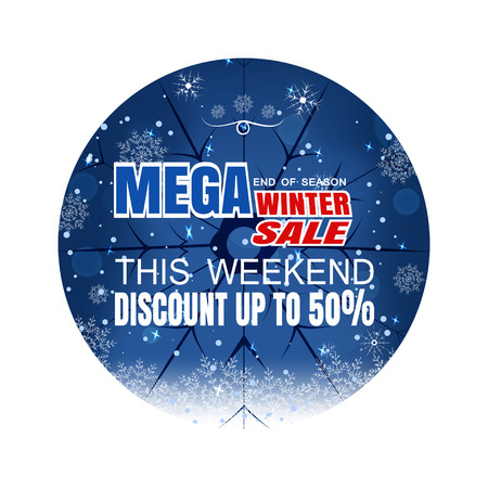 Vector poster of Winter mega sale on the gradient blue background with circle cutout, snowflakes and snowfall.のイラスト素材
