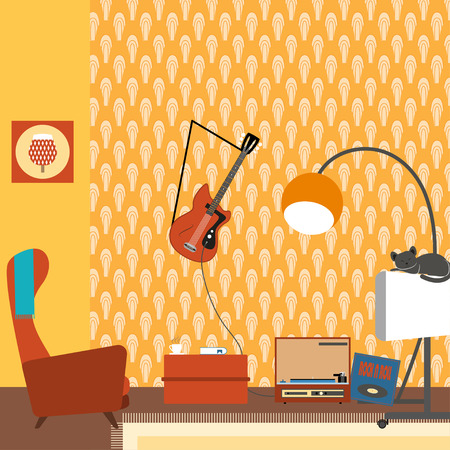 Illustration of a living room interior with armchair, TV, guitar in the style of 70s.のイラスト素材