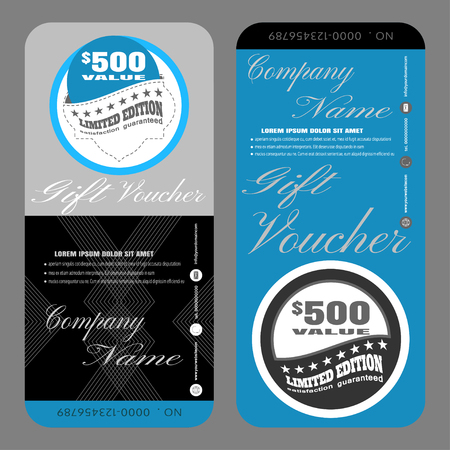 Gift voucher vector illustration to attract new customer on blue and black background with labels.のイラスト素材