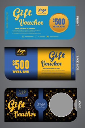 Vector set of blank gift voucher with case to increase sales with pattern on a black, blue and gold background.のイラスト素材