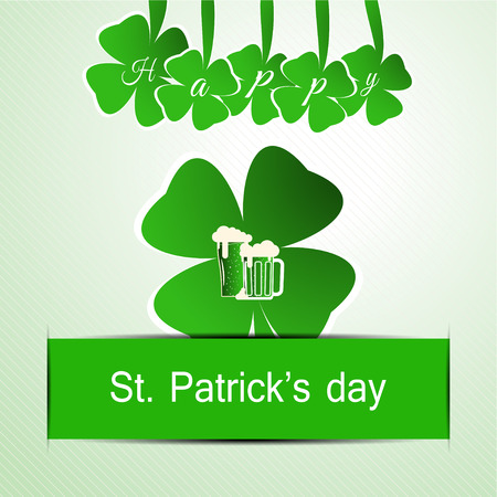 Vector Happy St. Patrick's Day poster on the gradient light green background with cutout leaf of clover, hanging letters and paper stripe.のイラスト素材