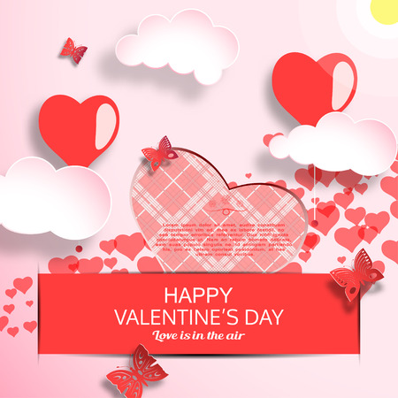 Vector greeting card of Happy Valentine's Day with gradient light red background, sun, clouds, heart shape with line pattern insert in pocket and butterflies cuted from paper.のイラスト素材