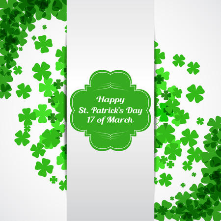 Vector Happy St. Patrick's Day card on the white background with green label, shadow, white stripe, text and clover leaves arranged in a circle and at corners.のイラスト素材