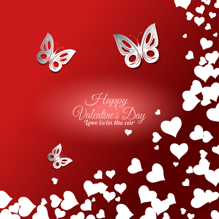 Vector Happy Valentine's Day gradient red background with cutout butterflies and white hearts.のイラスト素材