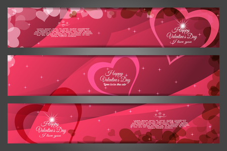 Vector set of wide greeting bookmarks for Valentine's Day on the abstract dark red background with heart silhouettes, waves and text.のイラスト素材