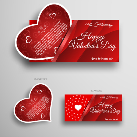 Vector set of greeting card insert in case with red wave pattern and stripe on the gray background.のイラスト素材