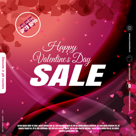 Vector Valentine's Day sale poster on the gradient dark pink background with hearts, waves, shadows and stars.のイラスト素材