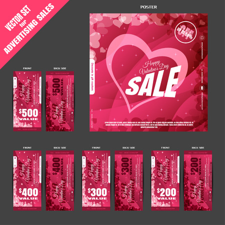 Vector set of Happy Valentine's Day sale pink promotional bundle with poster and discount vouchers on the gray background.のイラスト素材