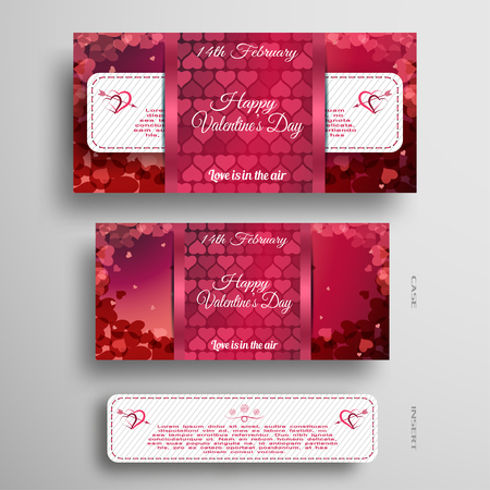 Vector set of red and pink greeting card for Valentine's Day with insert stripe and red pattern on the gray background.のイラスト素材