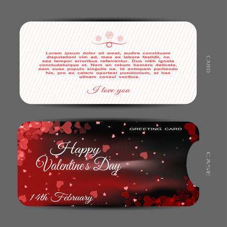 Vector set of white greeting card for Valentine's Day with red line pattern, text and dark red gradient case with hearts, stars pattern on the gray background.のイラスト素材