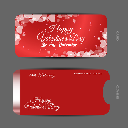 Vector set of red greeting card for Valentine's Day with heart pattern and red case with metal stripe on the gray background.のイラスト素材