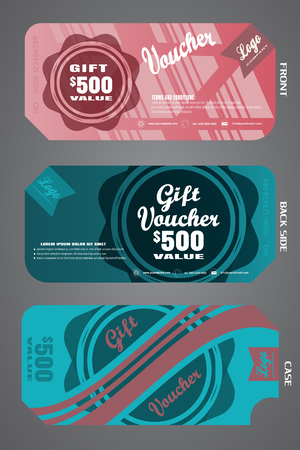 Blank of stylish gift voucher set with case to attract new customer on the gradient turquoise and pink background.のイラスト素材